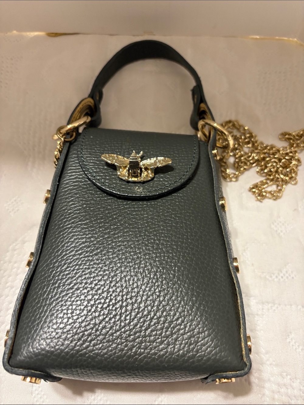 Vera Pelle Olive Green Leather Crossbody Bag with Beige Interior, made in Italy - Picture 11 of 16